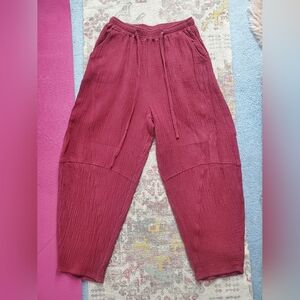 Burgundy Linen/Cotton Textured Harem Lagenlook Pants Long Size L